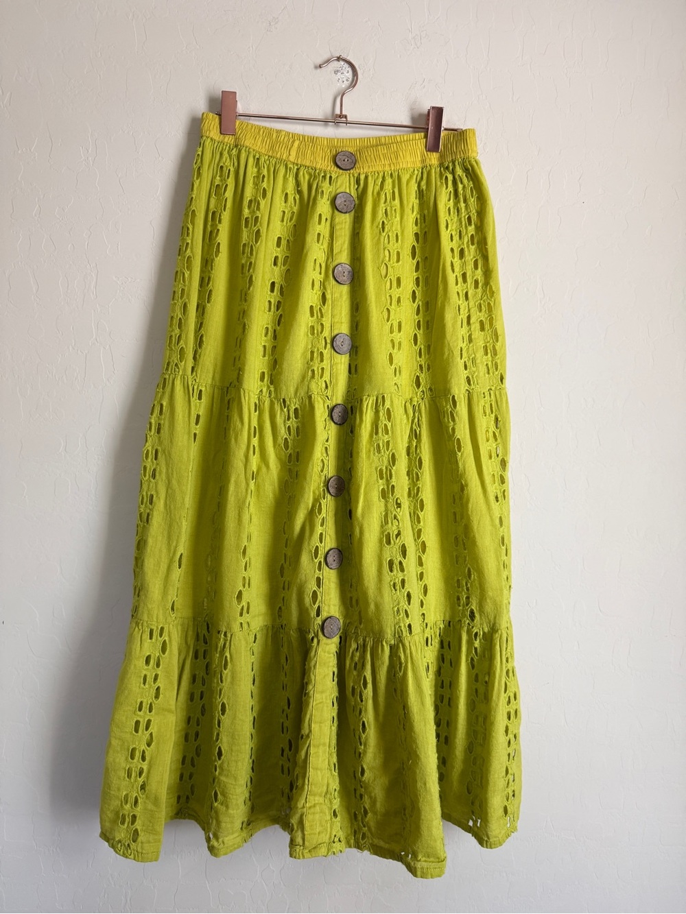 NAOO Nation AK Outfits Chartreuse Eyelet Tiered Button-Front Maxi Skirt Boho